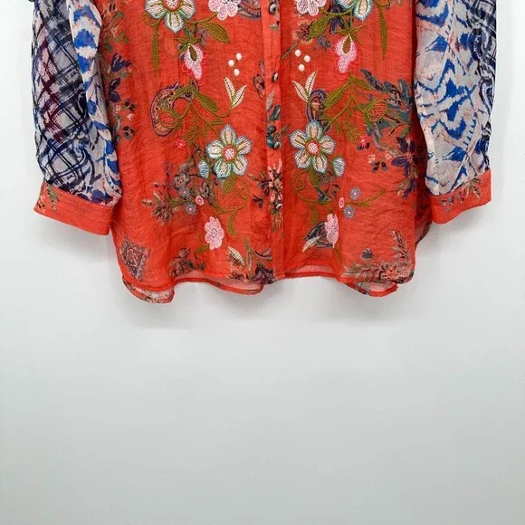 Vincente Tunic Top Shirt Blouse Size Small Embroidered Sheer Button Up Boho - Picture 5 of 16
